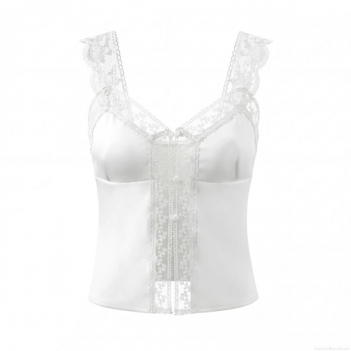 Sexy V-Neck Lace Trim Satin Patchwork Camisole Top For Women Sleeveless Slim Fit Polyester Tank Top Summer Elegant Party Clubwear White