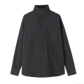 Women's Fashion Beaded Solid Color Long Sleeve Button Down Shirt Polyester Casual Stand Collar Blouse with Pocket Curved Hem Office Lady Poplin Top