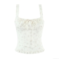 French Style Floral Cami Top Women Sweet Square Neck Ruched Drawstring Sleeveless Polyester Tank Top With Ruffle Hem For Summer Vacation Daily Wear