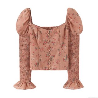 Women's French Floral Print Smocked Long Sleeve Blouse Square Neck Puff Sleeve Ruffle Cuff Slim Fit Sexy Polyester Streetwear Crop Top For Ladies Women's French Floral Print Smocked Long Sleeve Blouse Square Neck Puff Sleeve Ruffle Cuff Slim Fit Sexy Polyester Streetwear Crop Top For Ladies