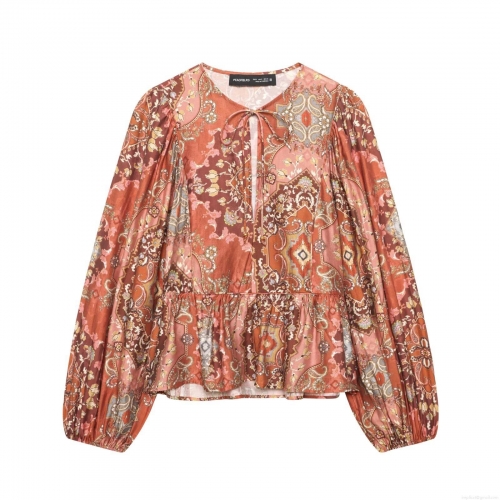 Women Bohemian Paisley Print Long Sleeve Blouse Retro V Neck Tie Ruffle Hem Peplum Top Casual Loose Polyester Shirt For Travel Vacation Women Clothing