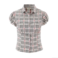Women's Plaid Puff Sleeve Blouse Retro Short Sleeve Button Down Shirt Polyester Cotton Blend Sweet Bear Heart Print Top For Daily Casual Wear