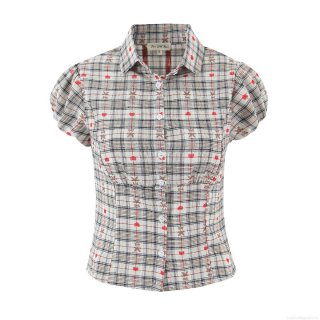 Women's Plaid Puff Sleeve Blouse Retro Short Sleeve Button Down Shirt Polyester Cotton Blend Sweet Bear Heart Print Top For Daily Casual Wear