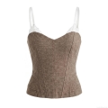 Women Vintage Brown Herringbone Corset Top With White Lace Trim Adjustable Straps Slim Fit Back Zipper Bustier Camisole For Streetwear Party Sexy Vest