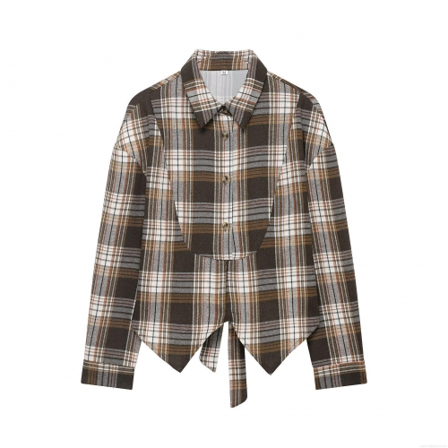 Women's Vintage Plaid Long Sleeve Shirt 100% Polyester Brown Gingham Blouse With Bow Tie Back And Swallowtail Hem Casual Tops For Ladies