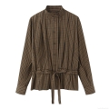 Women's Retro Plaid Checkered Long Sleeve Shirt With Bow Tie Waist Stand Collar Polyester Casual Blouse Top
