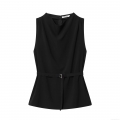 Women's Elegant Solid Black Sleeveless Top with Adjustable Belt Cowl Neck Back Hidden Zipper Slim Fit Polyester Blouse for Party Dating Daily Fashion Vest