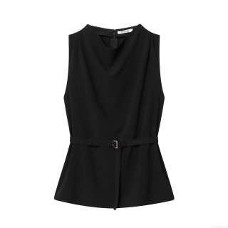 Women's Elegant Solid Black Sleeveless Top with Adjustable Belt Cowl Neck Back Hidden Zipper Slim Fit Polyester Blouse for Party Dating Daily Fashion Vest