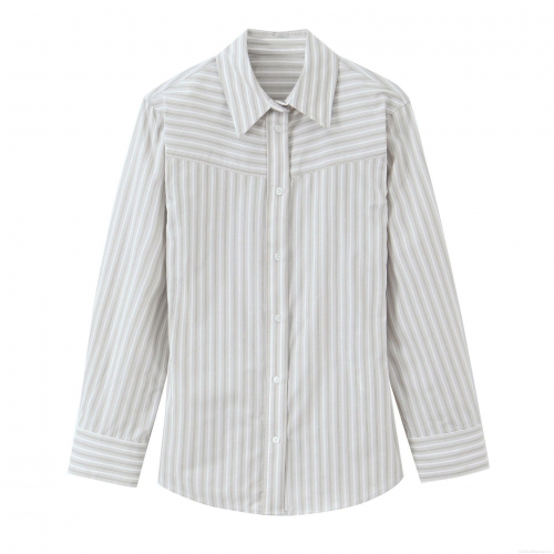 Women Fashion Striped Padded Shoulder Poplin Shirt Casual Long Sleeve Button Down Blouse Top Women Work Office Clothing