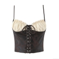Women's Vintage PU Leather Patchwork Camisole Lace-up Corset Crop Top Sexy Ruffle Y2K Streetwear Sleeveless Party Clubwear Tank Top