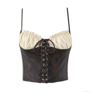 Women's Vintage PU Leather Patchwork Camisole Lace-up Corset Crop Top Sexy Ruffle Y2K Streetwear Sleeveless Party Clubwear Tank Top Women's Vintage PU Leather Patchwork Camisole Lace-up Corset Crop Top Sexy Ruffle Y2K Streetwear Sleeveless Party Clubwear Tank Top