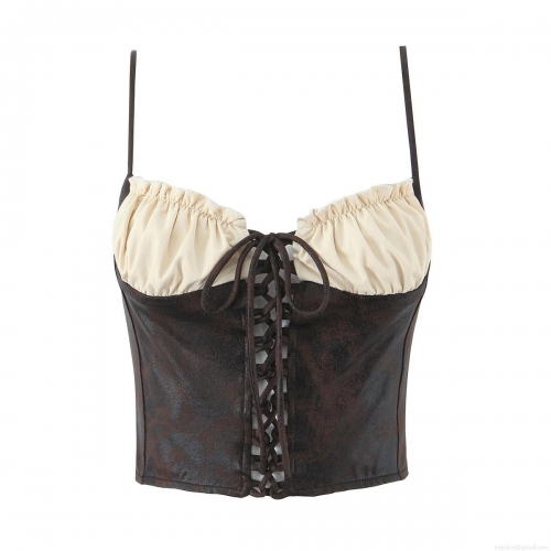 Women's Vintage PU Leather Patchwork Camisole Lace-up Corset Crop Top Sexy Ruffle Y2K Streetwear Sleeveless Party Clubwear Tank Top