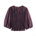 Women's Fashion Polka Dot Blouse Polyester Balloon Sleeve Smocking Waist Ruffle Hem Top For Party Work Ladies Casual Shirt