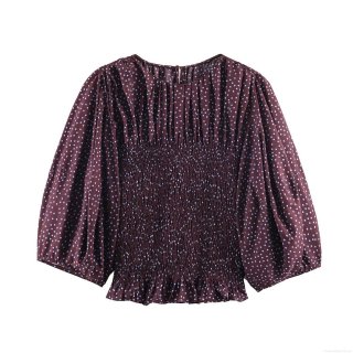 Women's Fashion Polka Dot Blouse Polyester Balloon Sleeve Smocking Waist Ruffle Hem Top For Party Work Ladies Casual Shirt