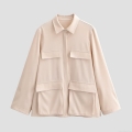 Women Long Sleeve Button Down Shirt Blouse Polyester Solid Color Workwear Utility Pocket Top Elegant Casual Office Ladies Fashion Wear