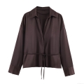 Elegant Women Satin Polyester Long Sleeve Blouse Silk Texture Button Down Shirt With Waist Tie Drawstring For Office Party Casual