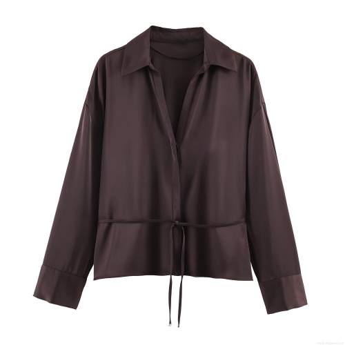 Elegant Women Satin Polyester Long Sleeve Blouse Silk Texture Button Down Shirt With Waist Tie Drawstring For Office Party Casual