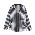 Women's Vertical Striped Shirt Long Sleeve Polyester Button Down Blouse Side Drawstring Ruched Bottom Casual Elegant Office Top for Women