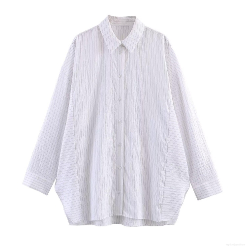 Women's Oversized Striped Shirt Polyester Long Sleeve Button Down Blouse Casual Loose Fit Lapel Collar Top for Ladies Spring Office Daily Wear