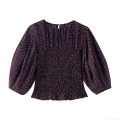 Women Polka Dot Puff Sleeve Smocked Blouse Polyester Casual Loose Round Neck Ruffle Hem Shirt Sweet Elegant Ladies Top For Daily Dating Party