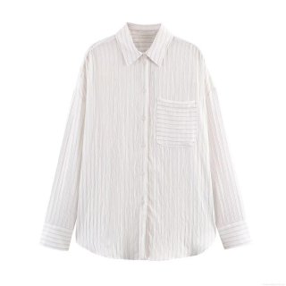 Women's Fashion Striped Blouse Long Sleeve Polyester Shirt With Pocket Single Breasted Drapey Casual Top For Ladies Spring Autumn Wear