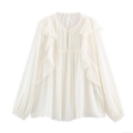 Women French Romantic White Chiffon Blouse Long Lantern Sleeve Ruffle Layered Pleated Button Down Shirt Elegant Lady Office Party Top