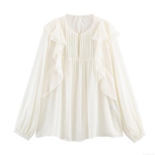 Women French Romantic White Chiffon Blouse Long Lantern Sleeve Ruffle Layered Pleated Button Down Shirt Elegant Lady Office Party Top