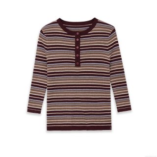 Women's Multicolor Striped Henley T-Shirt Long Sleeve Ribbed Knit Slim Fit Casual Button Front Tee Tops for Daily Streetwear