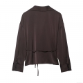 Women's Elegant Satin Texture Long Sleeve Shirt With Waist Belt Solid Color V-Neck Drawstring Blouse For Office Daily Party Autumn Fashion Tops