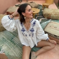 Women's V-Neck Embroidered Long Sleeve Top 100% Cotton Boho Floral Blouse Casual Loose Puff Sleeve Shirt for Vacation Travel