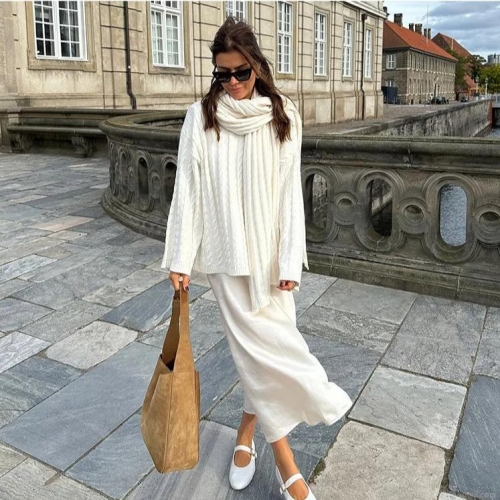 Women's Casual Polyester Cable Knit Sweater And Matching Scarf Set Loose Fit Solid Color Long Sleeve Pullover Knitwear For Autumn Winter Warm Fashion Tops