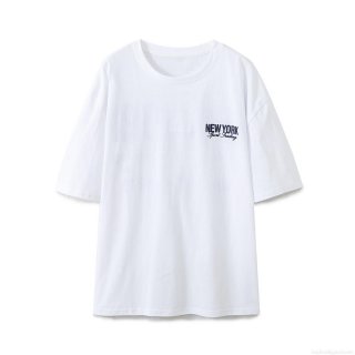 Women's Casual Cotton Blend T-Shirt Vintage New York Letter Print Short Sleeve Round Neck Loose Streetwear Tee Top