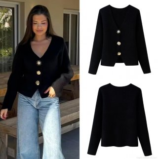 Women's Polyester V-Neck Knitted Cardigan Sweater Decorative Golden Sun Flower Buttons Loose Fit Solid Color Long Sleeve Single Breasted Casual Tops Women's Polyester V-Neck Knitted Cardigan Sweater Decorative Golden Sun Flower Buttons Loose Fit Solid Color Long Sleeve Single Breasted Casual Tops