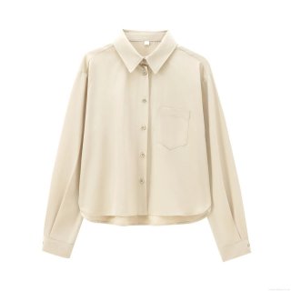 Women's Elegant Apricot Twill Shirt Lapel Single Breasted Long Sleeve Blouse With Pocket Casual Office Work Wear Plain Polyester Tops for Ladies