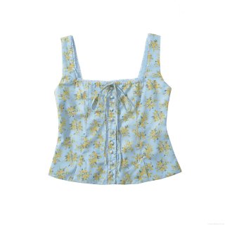 Women's French Floral Print Camisole Top Slim Fit Polyester Cotton Square Neck Button Up Tank Top Summer Boho Vacation Sleeveless Shirt For Women