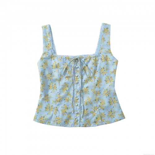 Women's French Floral Print Camisole Top Slim Fit Polyester Cotton Square Neck Button Up Tank Top Summer Boho Vacation Sleeveless Shirt For Women