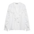 Women's Elegant Ruffle Tiered V Neck Long Sleeve Blouse Casual Solid White Polyester Shirt For Party Office Ladies