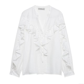 Women's Elegant Ruffle Tiered V Neck Long Sleeve Blouse Casual Solid White Polyester Shirt For Party Office Ladies