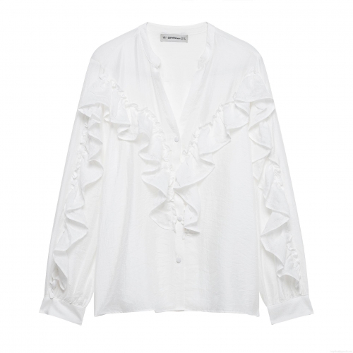 Women's Elegant Ruffle Tiered V Neck Long Sleeve Blouse Casual Solid White Polyester Shirt For Party Office Ladies