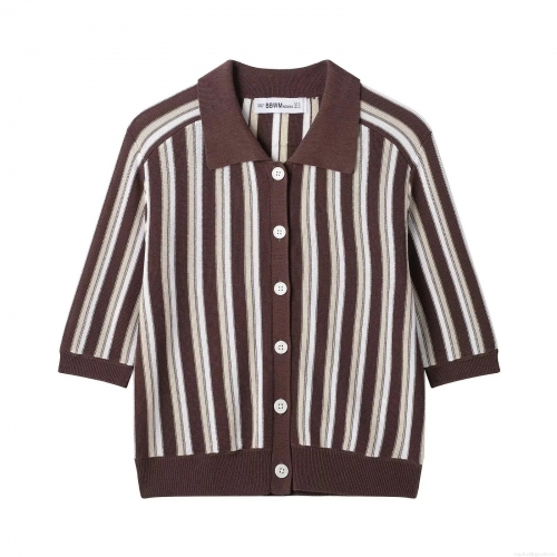 Women's Vintage Striped Knit Polo Shirt Short Sleeve Button Down Cardigan Top Retro Casual Lapel Collar Polyester Knitwear For Women Daily Streetwear