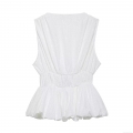 Women's Elegant Peplum Tank Top 100% Polyester Crinkle Fabric V-Neck Sleeveless With Black Bow Knot Waist Slim Fit Socialite Style Summer Top