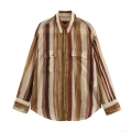 Women's Striped Long Sleeve Blouse Casual Button Down Shirt Vintage Polyester Turn-down Collar Loose Fit Tops for Women Work Office Daily Wear Brown Patchwork