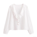 Women's Elegant White V-Neck Ruffle Blouse Long Sleeve Pleated Textured Pullover Shirt With Drawstring Gold Beads Detail Elegant Casual Fashion Tops For Ladies Daily Wear