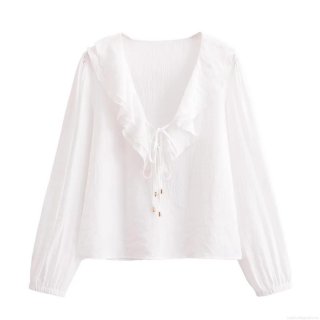 Women's Elegant White V-Neck Ruffle Blouse Long Sleeve Pleated Textured Pullover Shirt With Drawstring Gold Beads Detail Elegant Casual Fashion Tops For Ladies Daily Wear