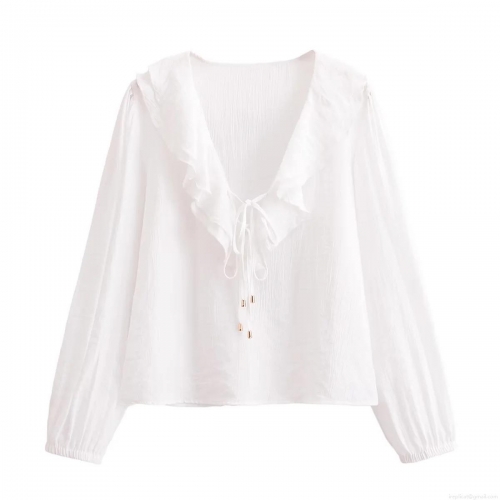Women's Elegant White V-Neck Ruffle Blouse Long Sleeve Pleated Textured Pullover Shirt With Drawstring Gold Beads Detail Elegant Casual Fashion Tops For Ladies Daily Wear