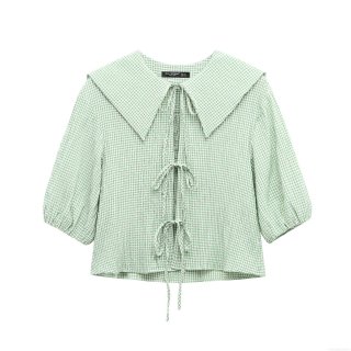 Women Puff Sleeve Gingham Blouse Seersucker Sailor Collar Tie Front Shirt Plaid Short Sleeve Top Casual Sweet Retro Style Summer Clothing