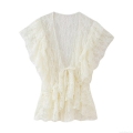 Women's French Vintage Lace Blouse Top Hollow Out Tie Front Short Sleeve Cardigan Elegant Breathable Summer Beach Vacation Shirt