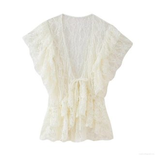 Women's French Vintage Lace Blouse Top Hollow Out Tie Front Short Sleeve Cardigan Elegant Breathable Summer Beach Vacation Shirt