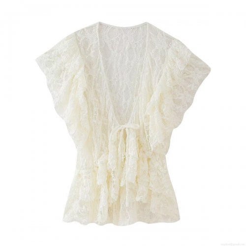 Women's French Vintage Lace Blouse Top Hollow Out Tie Front Short Sleeve Cardigan Elegant Breathable Summer Beach Vacation Shirt