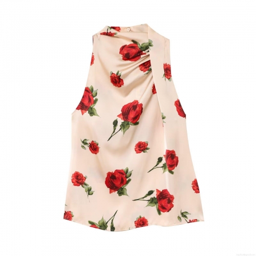 Women's Halter Neck Satin Sleeveless Blouse Elegant Red Rose Floral Print Backless Slim Fit Socialite Style Party Shirt Top for Women Lady